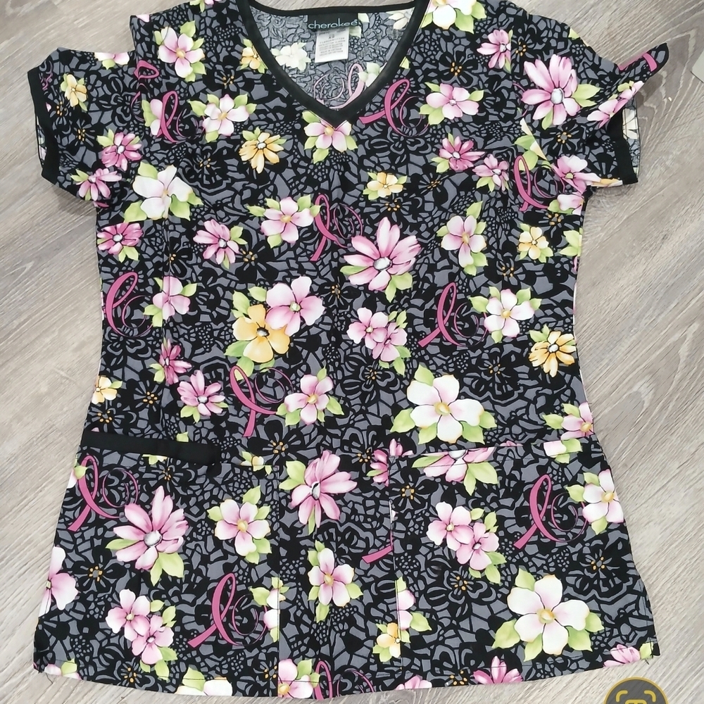 Cherokee Floral Scrub Top with Pink and Yellow Accents